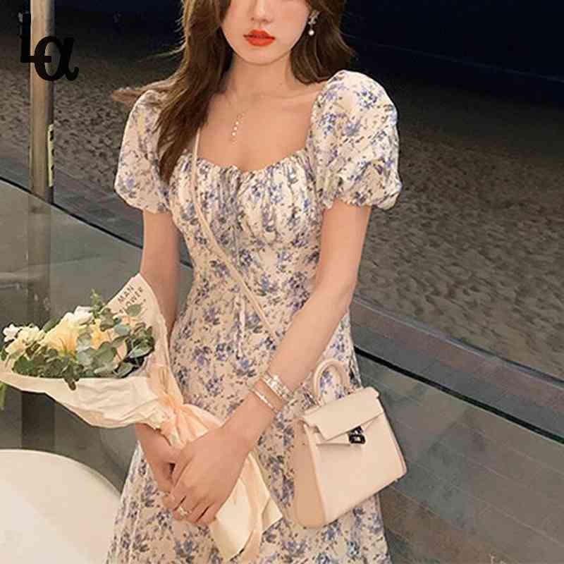 

Square Collar Floral Printed Dress Women Elegant Vintage Korea Style Beach Midi Office Lady Summer Chic 210519, As picture