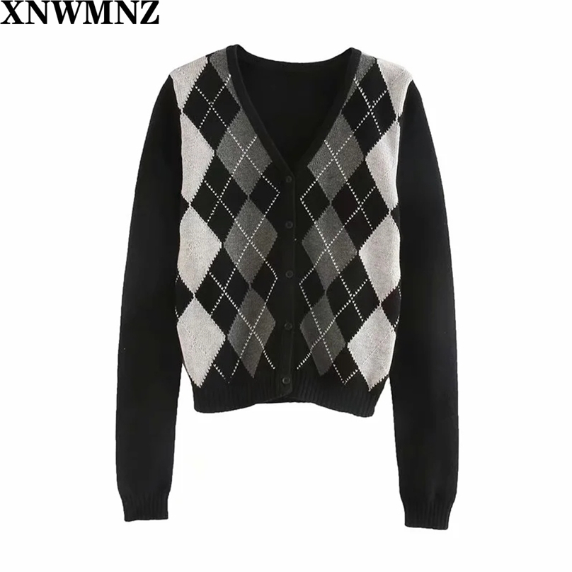 

Women Cardigan Vintage Stylish Geometric Pattern Short Knitted Sweater Fashion Long Sleeve England Style Outerwear Chaqueta 210520, Multi