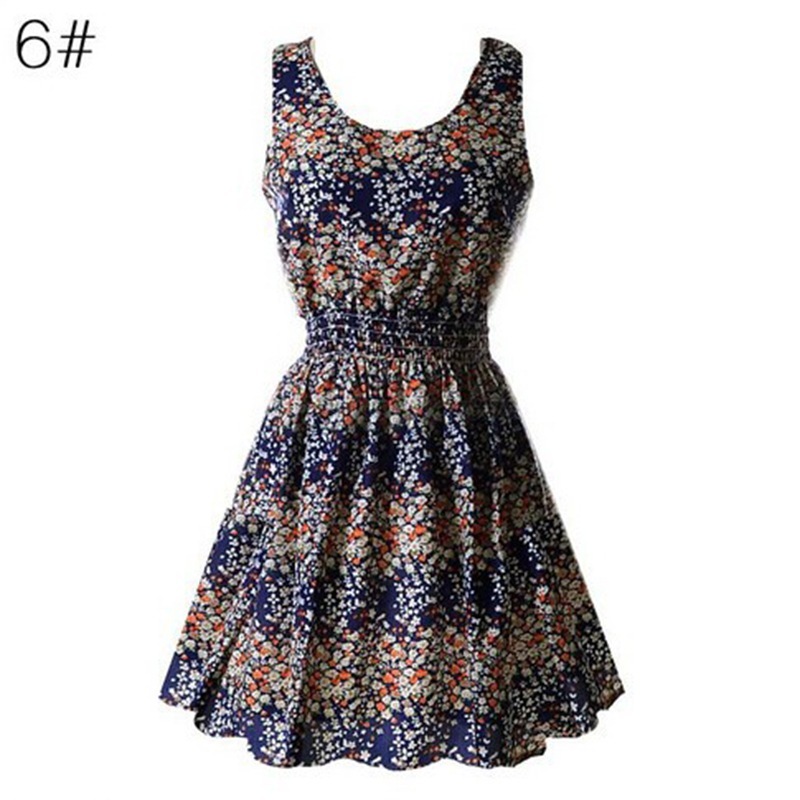 

Fashion Simple Spring New Sleeveless Skirt O-neck Printed Chiffon Dress Medium Length Female Bohemian Style Ladies Dresses Casual Dresses, 10#