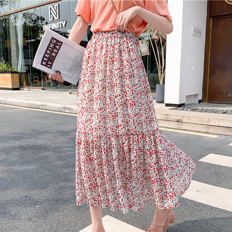

Skirts Summer Chiffon Women High Waist A Line Slim Thin Female Shirring Floral Loose Elastic Casual Falda Midi, White