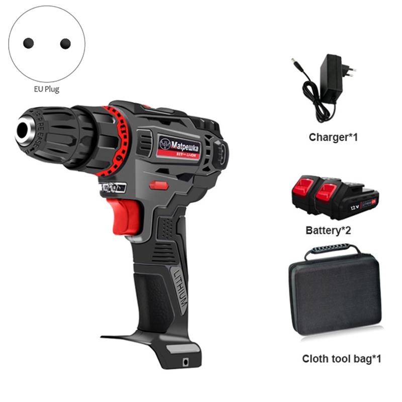 

Professiona Electric Drills HEMUYOU Household 12V Impact Drill Mini Rechargeable Screwdriver Power Tool + 2 Speed Lithium Battery EU Plug