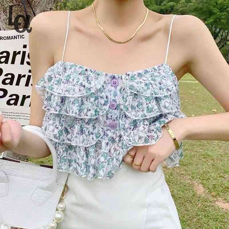 

Summer Beach Floral Sexy Halter Tops Women Backless Print Lace Kawaii Chiffon Blouse Ruffle Korean Sweet Holiday Top 210519, Orange