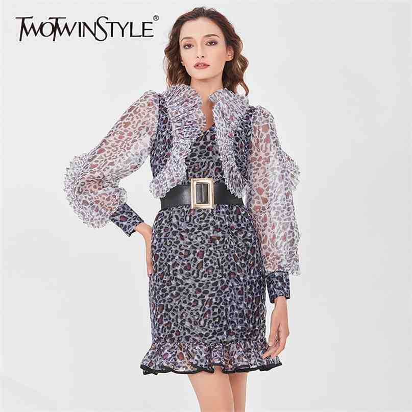 

TWTOWINSTYLE Leopard Print Dress For Women V Neck Lantern Long Sleeve High Waist Lace Up Hit Color Ruffles Dresses Female 210520, Aspicture