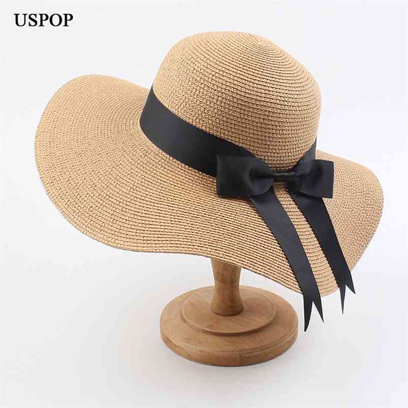 

USPOP Women straw hats sun female wide brim beach bow summer anti uv 210709, Black