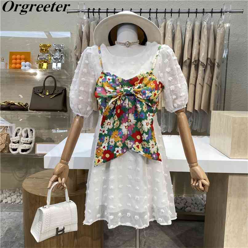 

Floral Bow Camisole and Cute Appliques Dot Puff sleeve Chiffon Dress Suits Summer Spaghetti Strap Tops 2 Piece sets 210602, White