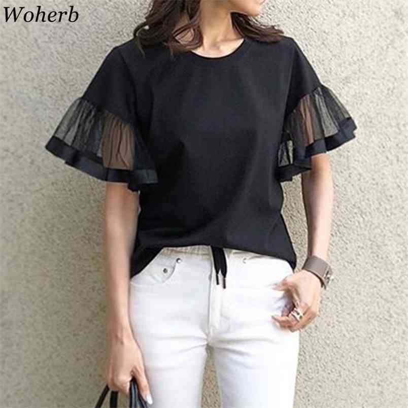 

Casual Women Flare Sleeve T-Shirt Summer Korean Japan Mesh Tee Office Lady Work Tops Balck Chic Tshirts 210519, Black