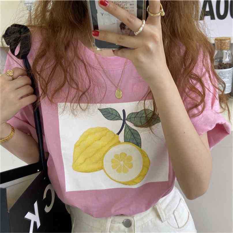 

Basewear Chic Loose Sale Tops Casual Prom Tee Retro Summer Lemon Printed Short-Sleeved Pullovers T-shirts 210525, Red