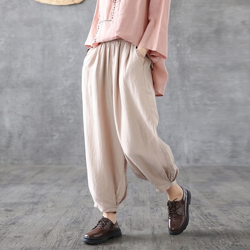

Spring Summer Casual Style Cotton Linen Pants Women Elastic Waist Solid Basic Retro Loose Women' Harem Trousers 210603, White