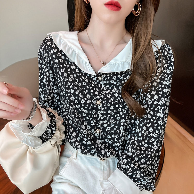 

Lucyever Women printed turndown collar Chiffon shirts Casual long Sleeve single-breasted Blouse Female fashion tops ladies 210521, Black