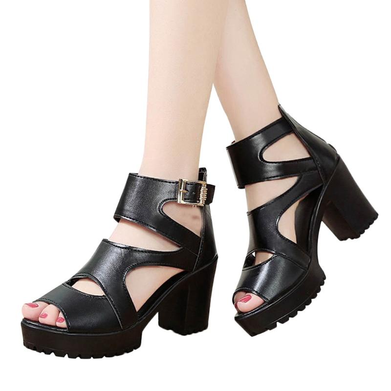

Women Summer Fish Mouth Hollow Roman Sandals Thick With Word High Heels Fashion Peep Toe Shoes, Beige
