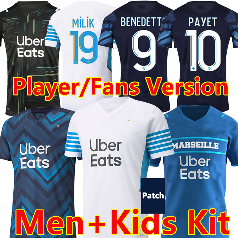 

21/22 Olympique De Marseille soccer jerseys 2021 2022 OM MILIK maillot foot CUISANCE BENEDETTO KAMARA football shirt THAUVIN PAYET men+kids kit uniforms, 21/22 new kids