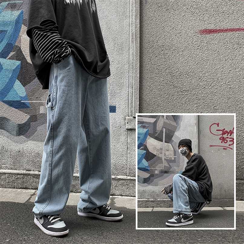 

Harajuku Chic Straight Pants Men Jeans Summer Daily Casual Streetwear Male All Match Long Denim Trousers 211108, Black grey