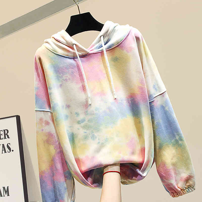 

Autumn Arrivals Long Sleeve Hooded Tie Dye Loose Sweatshirt Women Pullovers MJ498 210525, As picture