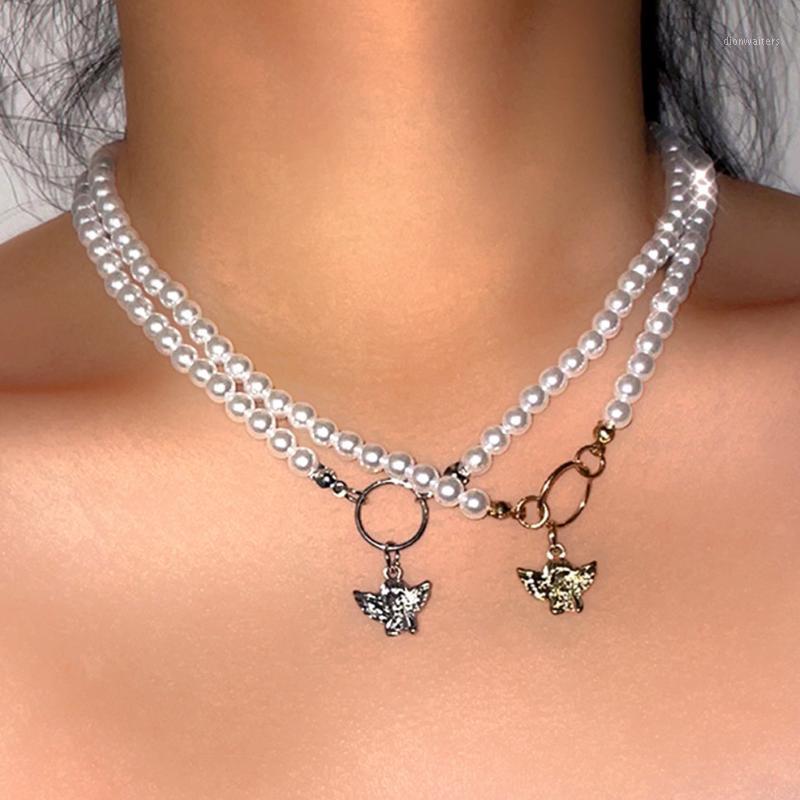 

Chains Imitation Pearl Angel Cupid Charms Pendant Necklaces For Women Gold Silver Color Pearls Beads Clavicle Chain Party Jewlry