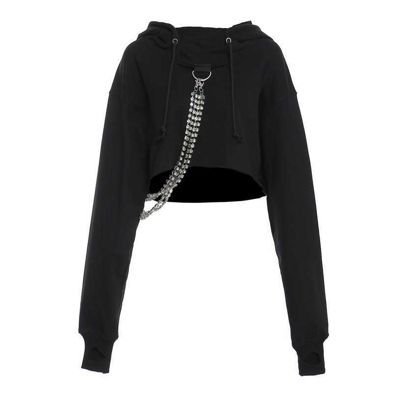 

Spring Chain Hooded Pullover Women Casual Loose Short Hoodie Black Korean Fashion Long Sleeve Sweatshirts 13A135 210525