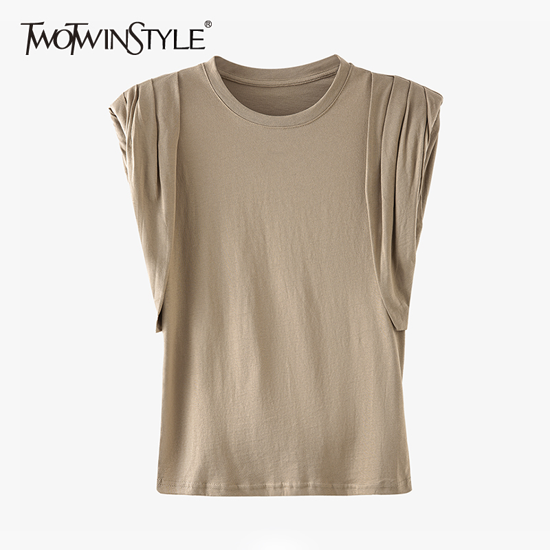 

TWOWINSYLE Solid Ruched Hollow Out Shirt For Women O Neck Sleeveless Loose Shirts Females Summer Fashion Stylish 210524, Coffee