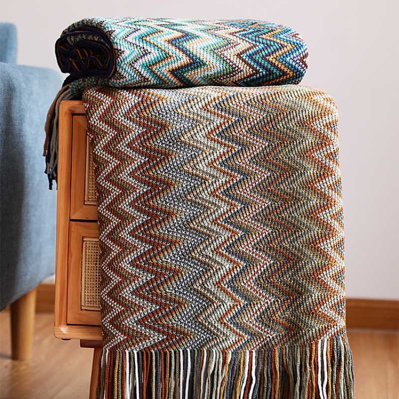 

Bohemian Knitted Blanket Sofa Throw With Tassels Colorful Bedspread Nap Air Condition Nordic Home Decorative 211218