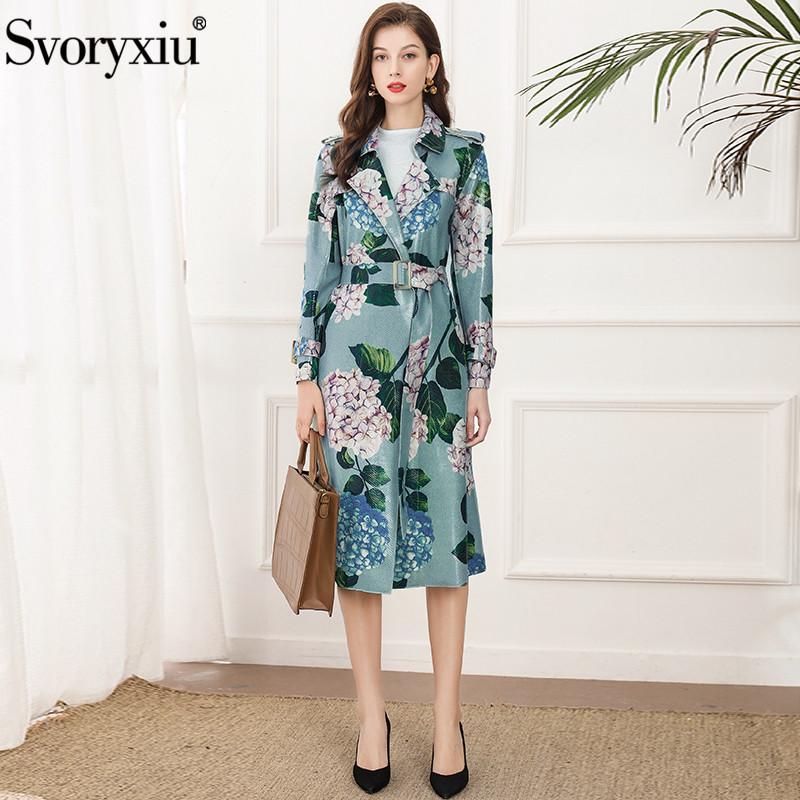 

Women's Trench Coats Svoryxiu Fashion Woman Spring Autumn Long Cardigan Overcoat Coat Lapel Sashes Slim Hydrangea Pattern Print Knee-Length, Tan;black