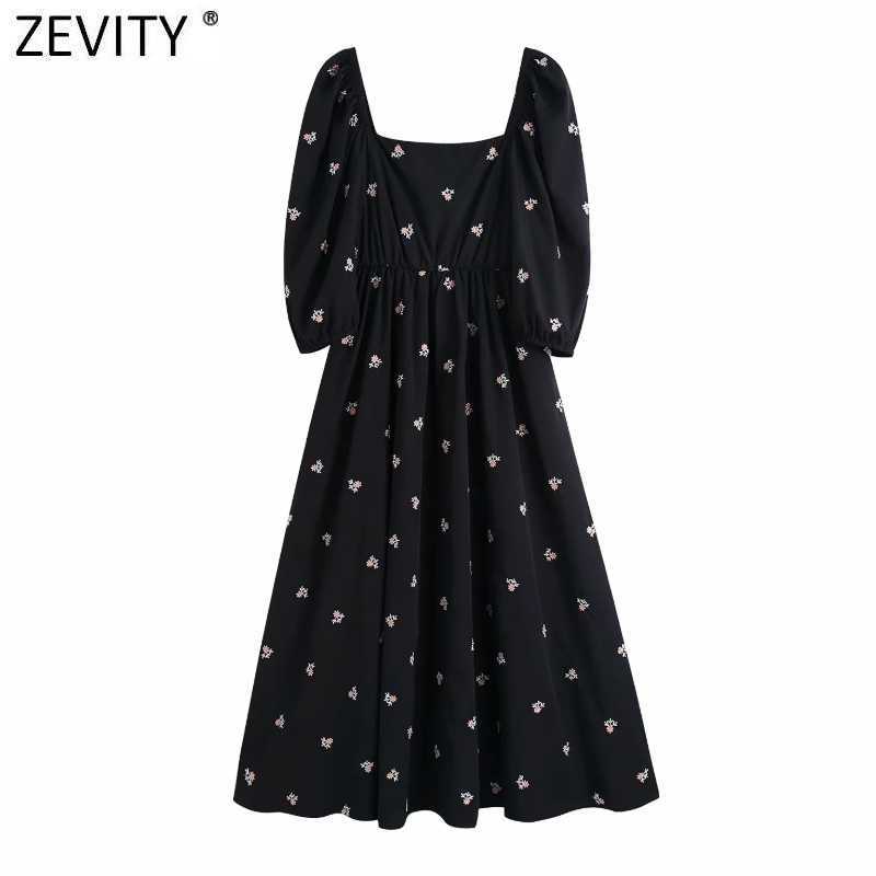 

Zevity Women Vintage Square Collar Floral Embroidery Casual Slim Midi Dress Female Puff Sleeve Vestido Chic Dresses DS5071 210603, As pic ds5071bb