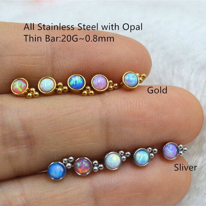 20pcs Thin Bar 20G Body jewelry- Ear Stud Earring Tragus/Helix Bar/Stud Diath Opal Stone with balls Mix Colors-image-705760279