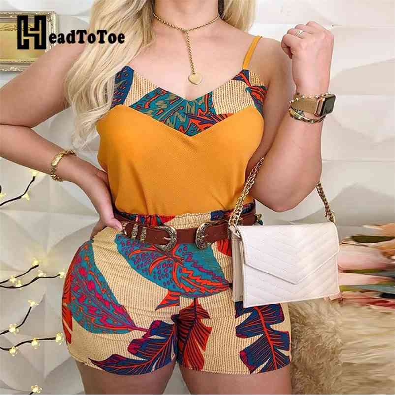 

Sexy Ladies Spaghetti Strap Print Tops & Shorts Sets Summer Sleeveless 2 Piece Set Outfits 210721, Yellow
