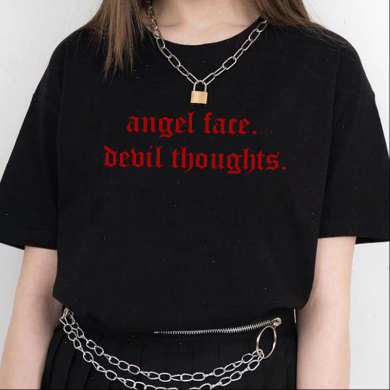 

women t shirts angel face devil thoughts letter print summer fashion casual harajuku cartoon bf tees large size loose, White