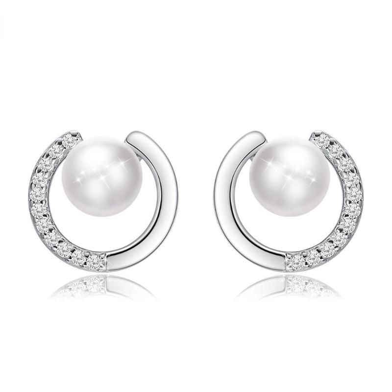 

Stud RIEEN 925 Sterling Silver Earrings Freshwater Pearl C-shaped Exquisite Micro-inlaid CZ For Girlfriends
