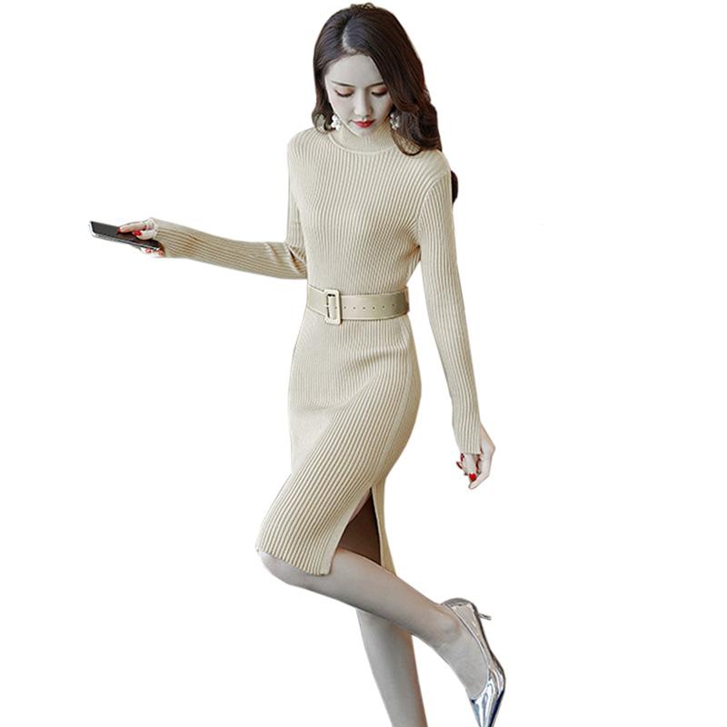 

Casual Dresses 2021 Autumn Knitted Sweater Dress Women Sexy Turtleneck Long Sleeve Fashion Slim Elastic