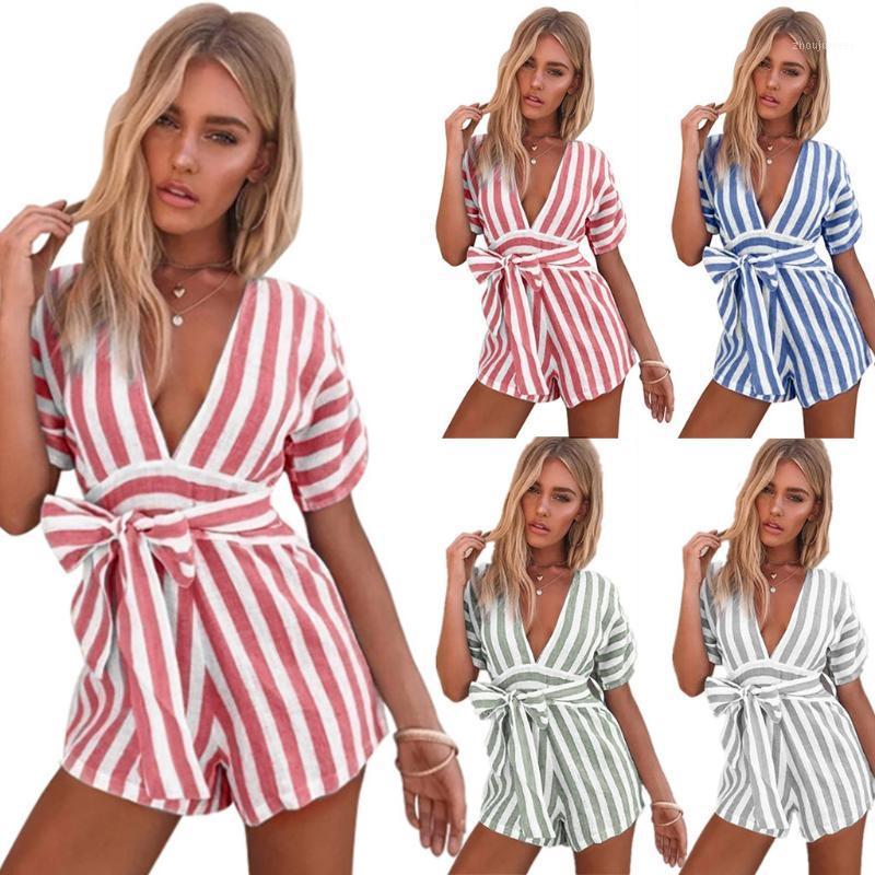 

Women' Jumpsuits & Rompers Jumpsuit Women Fashion Summer Stripe Short Sleeve Mini Belt Casual Romper Enterizos Para Mujer Largos W422, Blue