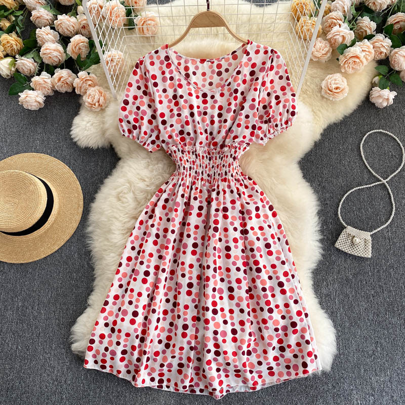 

Women Printing Beach Vacation Dress Round Neck Puff Sleeve Arrivals Lady Fashion Temperament Spring Summer 11D564 210525, Blue and red