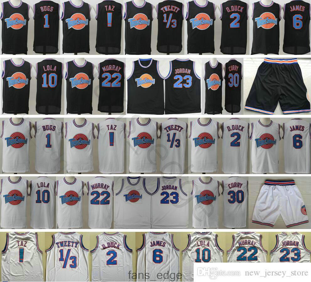 

Wholesale Space Jam Movie Tune Squad Looney 1 Bugs 2 Daffy Duck 10 Lola Bunny TAZ Tweety Bill Murray Curry James Stitched Basketball Jerseys, White