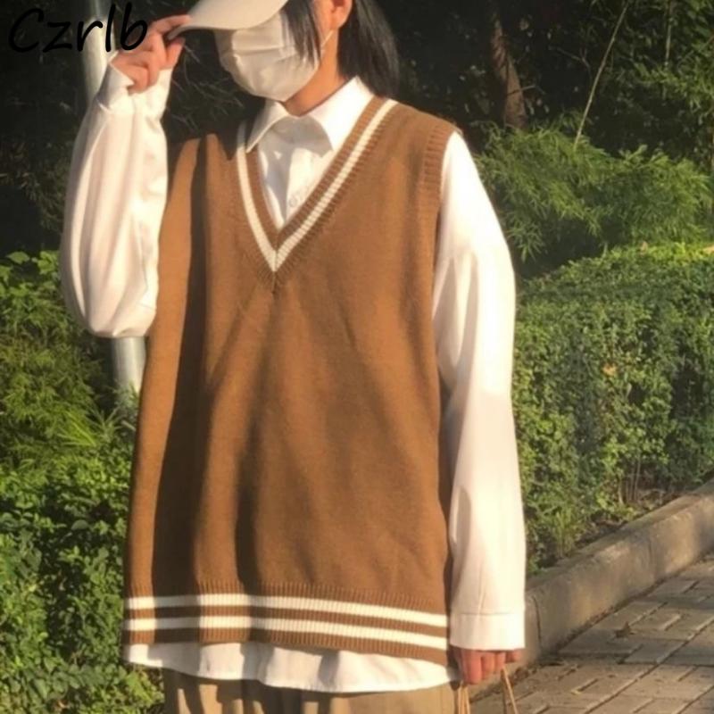 

Women's Vests Women Harajuku Teens Japanese Style Knitted Vintage Loose V-neck All-match Chic Patchwork Leisure Art Streetwear Knitwear, Vest