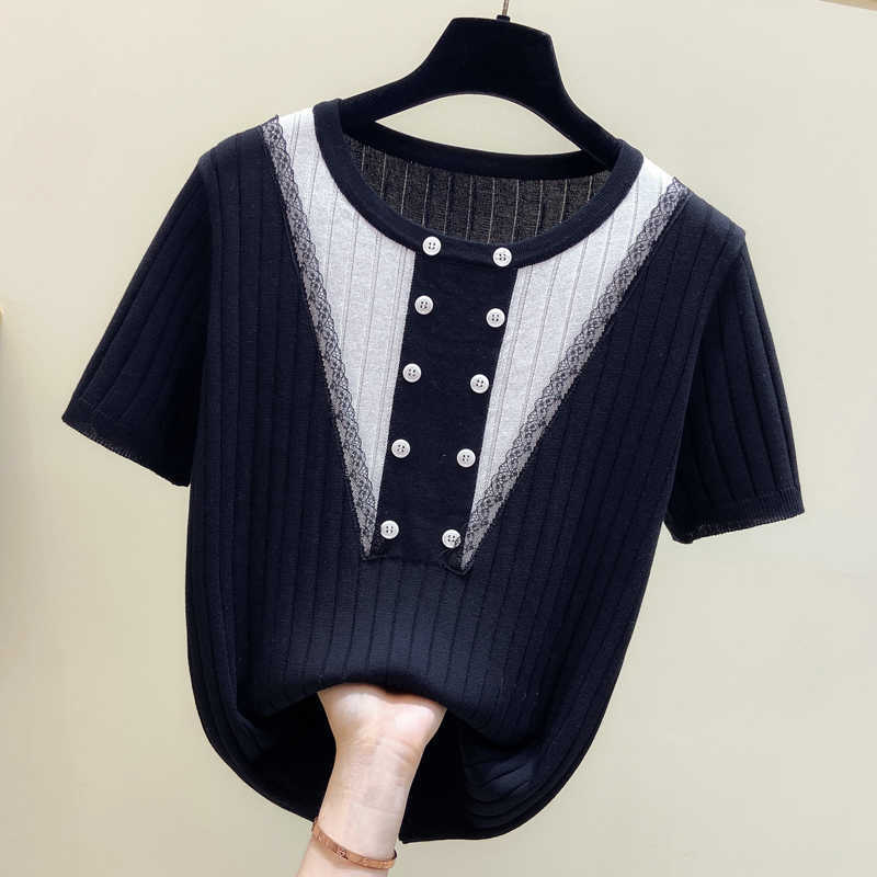 

Knitted Jumper Summer Tops O-Neck Pullovers Casual Sweaters Women Lace Button Short sleeve Oversized Sweater Girls 210604, Black
