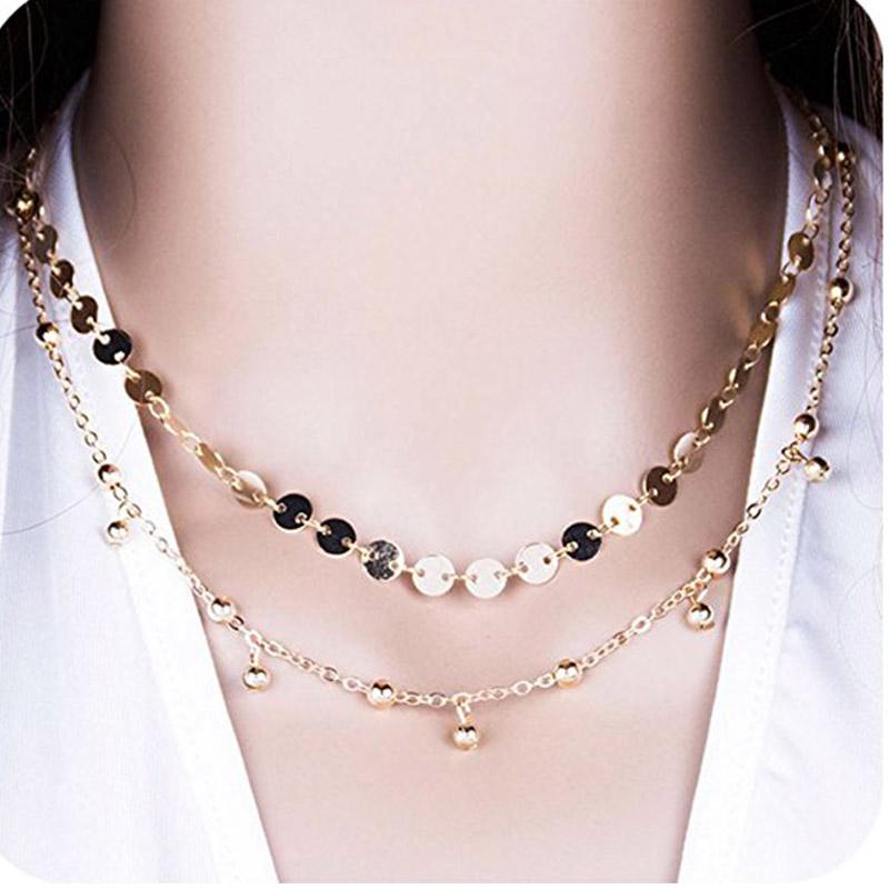 

Fashion Jewelry For Women Sequins Disk Charm Handmade Necklace 2 Layers Delicate Chain Necklaces Waterdrop Mini Tassel Chokers