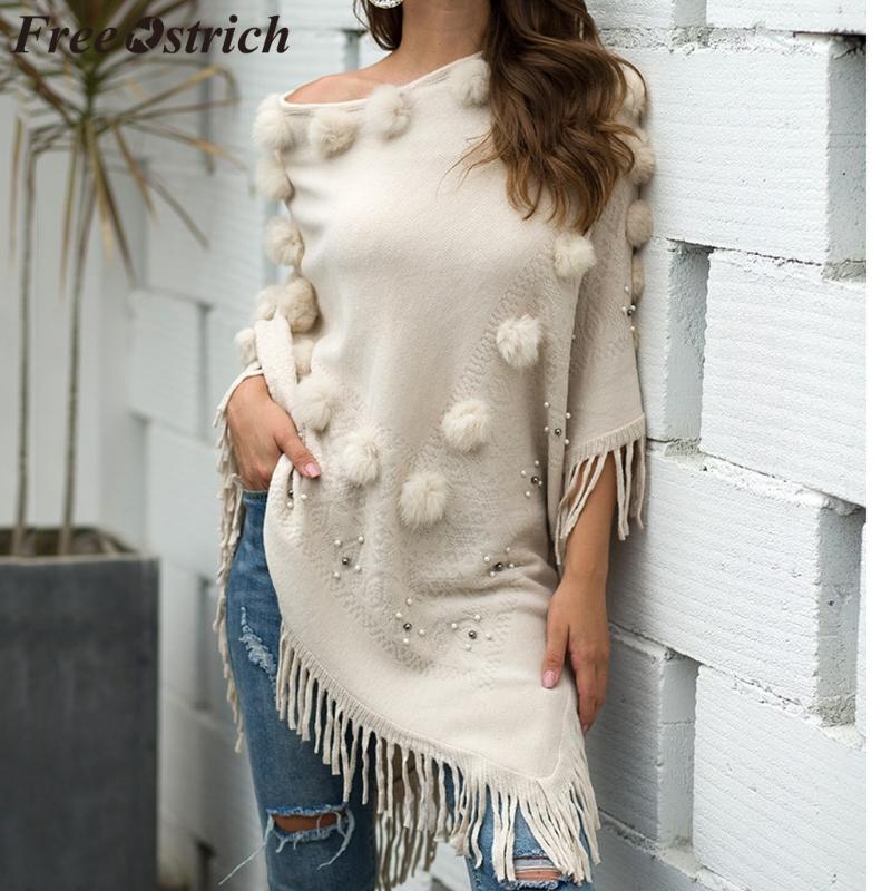 

Women's Blouses & Shirts FREE OSTRICH O-Neck Hair Ball Beaded Tassel Cloak Shawl Womens Tops And Automne LOOSE Autumn Blouse Et Chemisier Fe, Beige