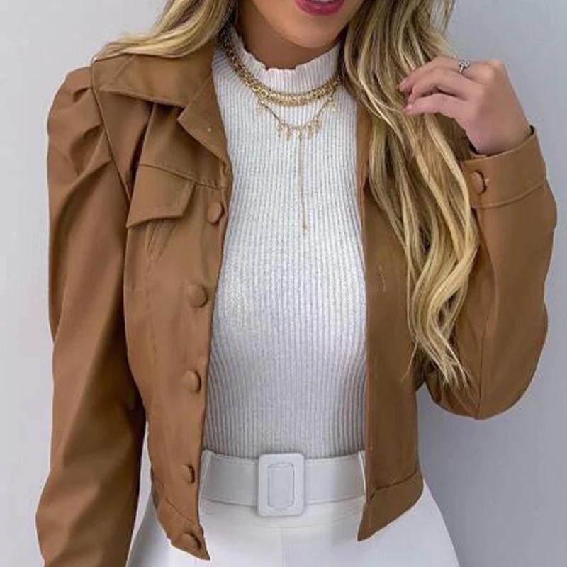 

Women' Leather & Faux Solid PU Jacket Long Sleeve Turn- Down Collar Single Breasted Coat Women 2021 Spring Fashion Casual Office Lady, Black