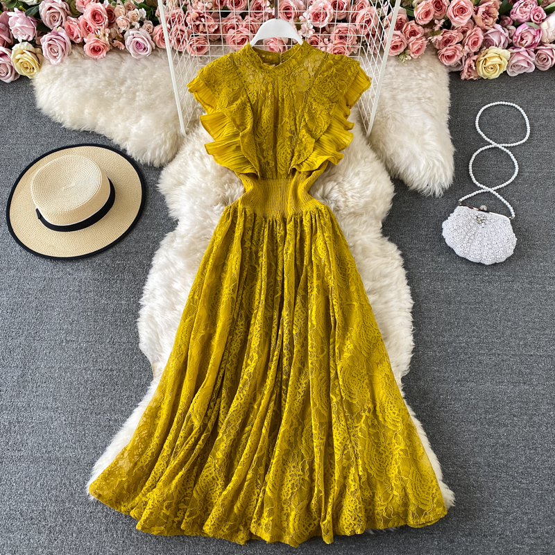 

2021Vintage Purple/Green/Red Lace Midi Dress Women Sweet Round Neck Ruffle Vestidos Female High Waist Slim Robe Spring Autumn 2021, Black;gray