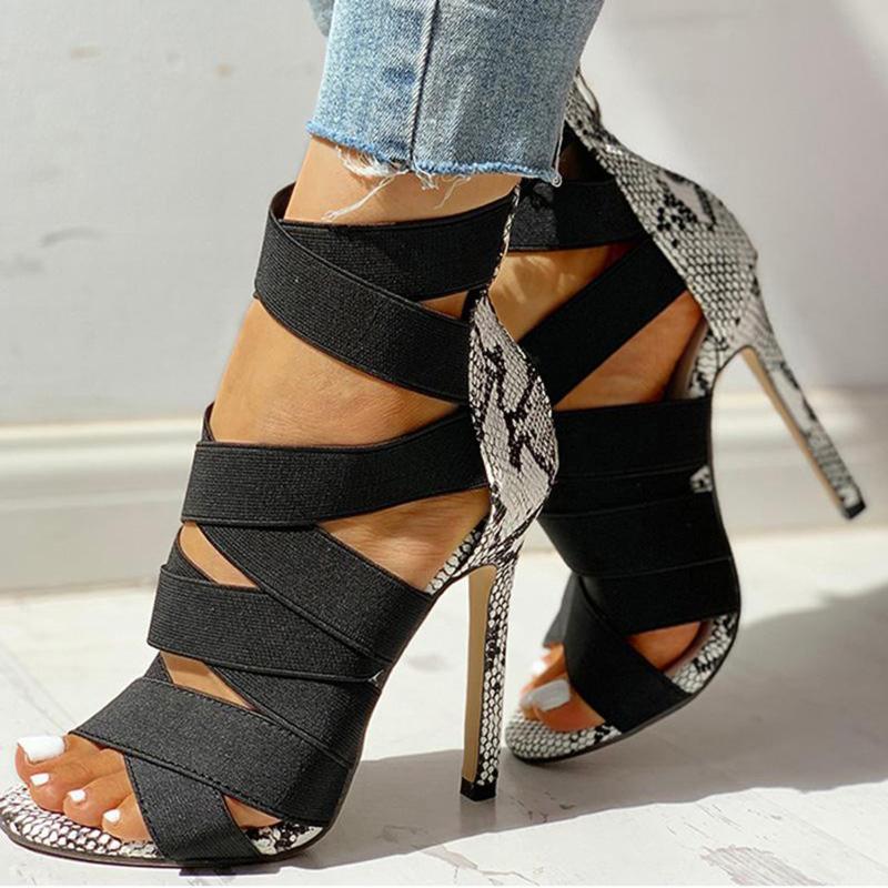 

Strappy Leopard Women's Sandals Fashion Sexy Thin High Heels Femme Super Peep Toe Shoes Mujer Verano Slippers, Black
