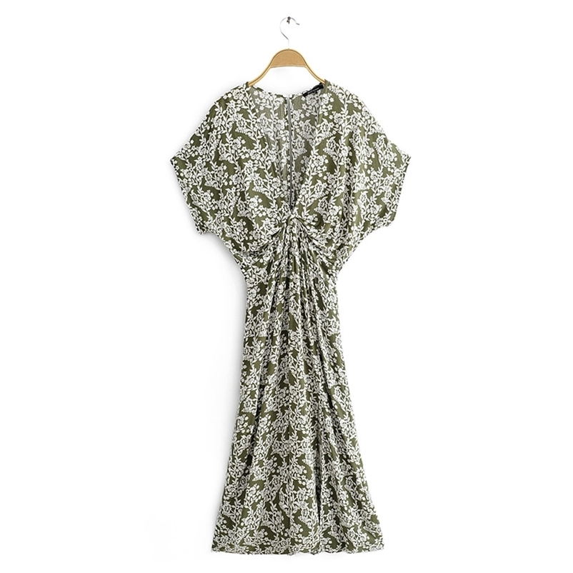 

women Summer long dress Fashion bat sleeve deep V-neck floral print green high waist lace up beach wear 210524, Army green