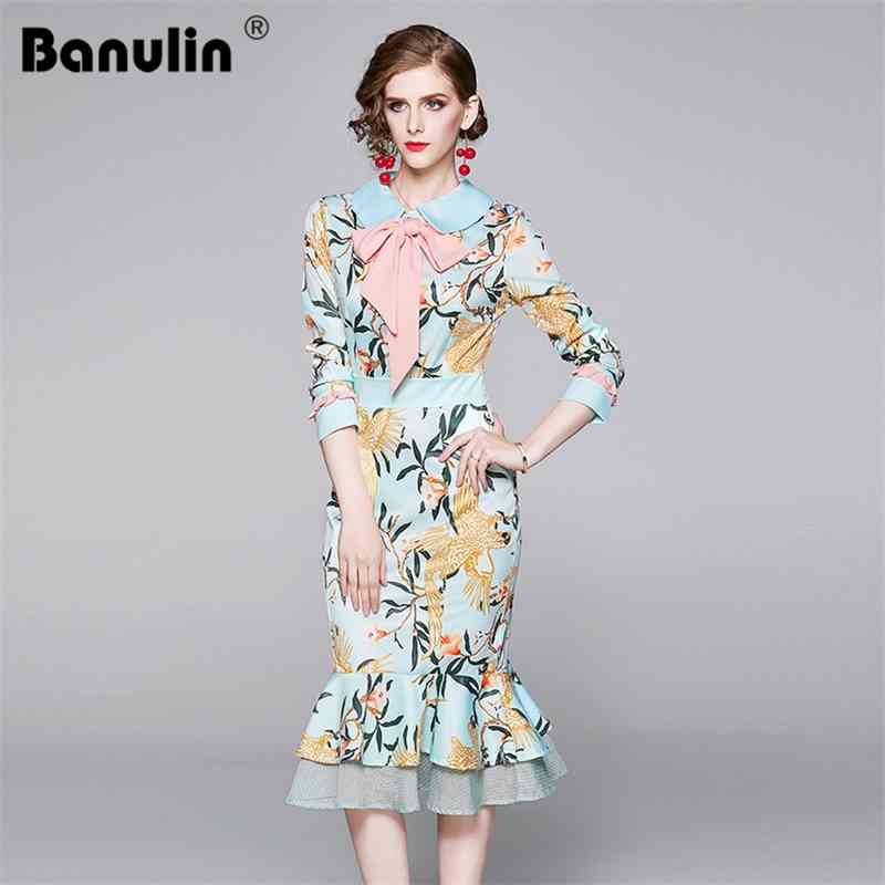 

Runway Designer Floral Flower Luxury Mermaid Party Dresses Vintage Elegant Lady Casual Midi Sheath Bodycon Dress Vestidos 210603, Green