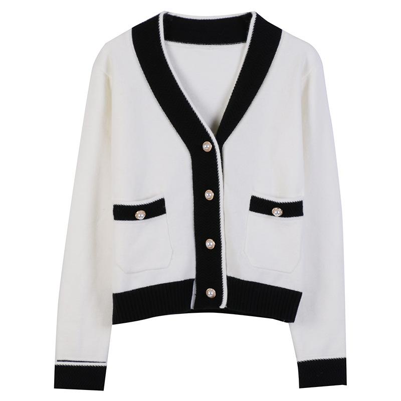 

Women' Knits & Tees 2021 Women Korean Fashion White Black Sweater Elegant Sweet Cardigans Jacket Thick Sweaters Pearl Buttons V-neck Cardig