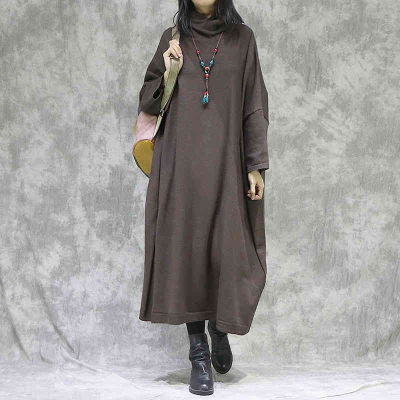 

Johnature Women Turtleneck Bat Sleeve Knitted Long Sleeve Dresses Solid Color Spring Loose Soft Cotton Sweater Dress 210521, Purple