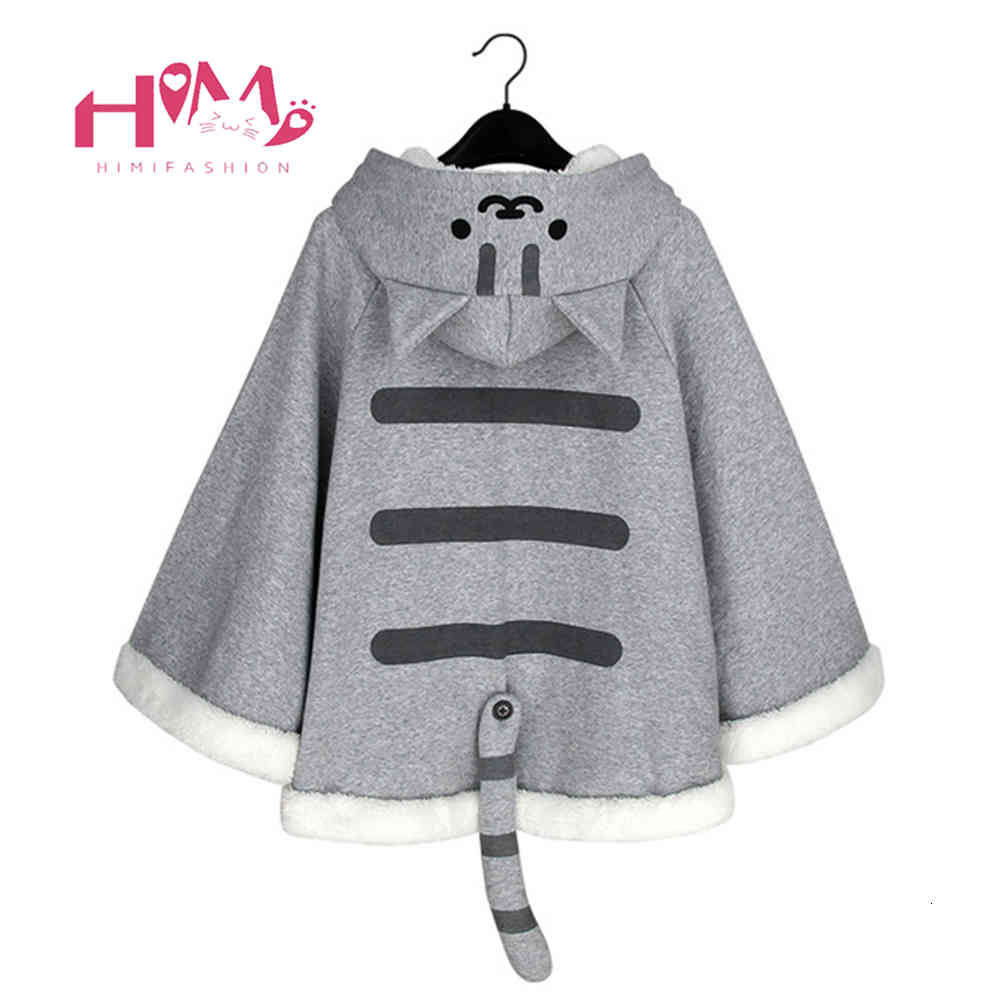 Neko Atsume kawai Cat Sweater Hoodie Cloak Cape Cotton Autumn Winter Hooded Hoodies Female Ear Stereo detachable Tail-image-678491044