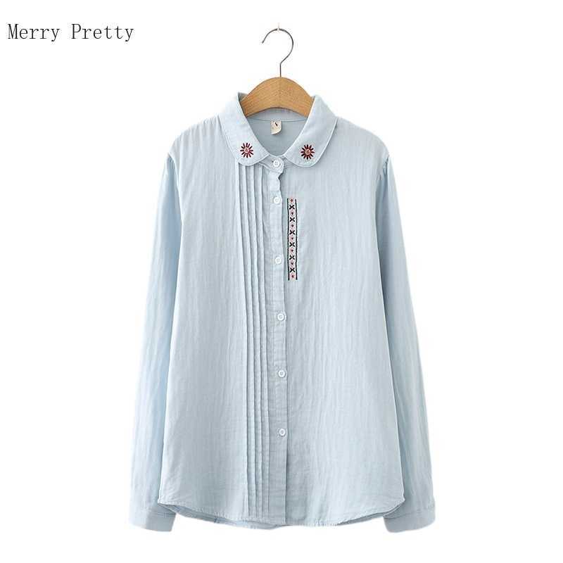 

Floral Embroidery Single Breasted Casual Shirts Women Summer Full Sleeve Turndown Collar Blouses Ladeis Cotton Tops 210526, White