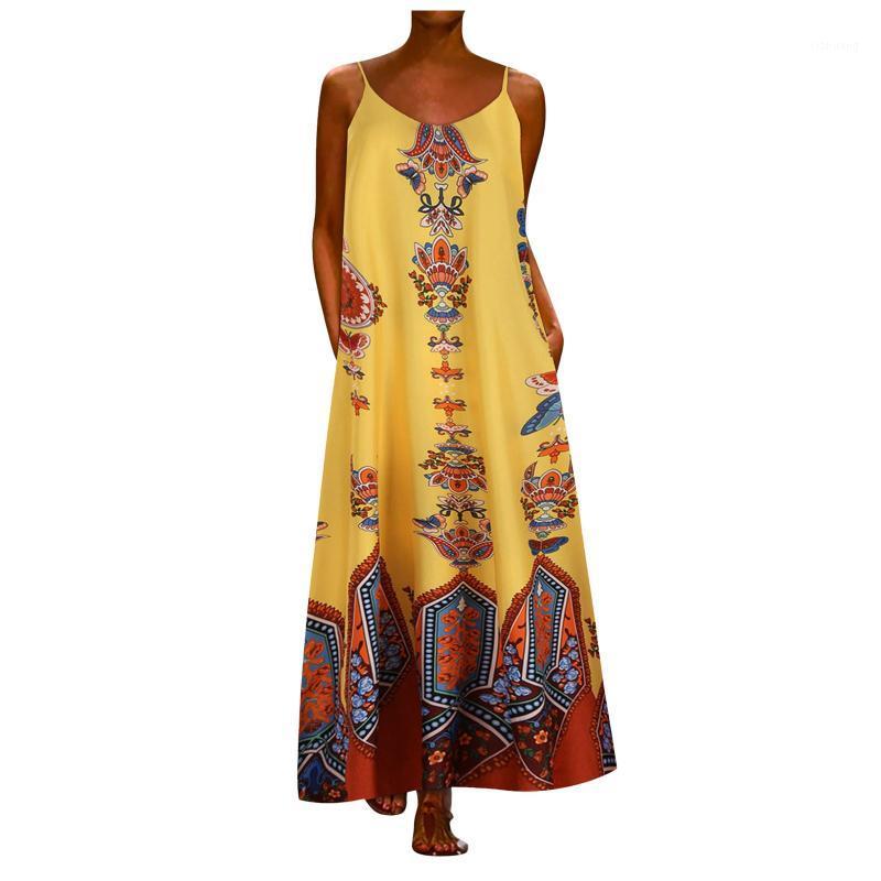 

Casual Dresses Ladies Summer Long Dress Sexy Sleeveless V Neck Print Tank Retro Plus Size Women Loose Beach Vestidos, Black