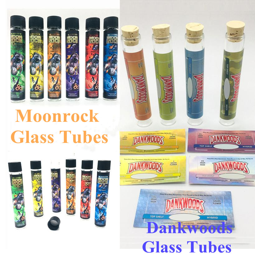 

Moonrock Glass Tubes Pre Rolling Joint Dry Herb Tobacco Flower Packaging DANKWOOD 120*20mm Pre-roll Empty Bottles Containers OEM Stickers 1lot=250pcs