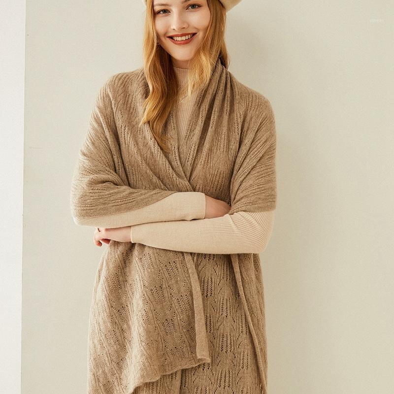 

Scarves 2021 European And American Shiny Silk 100% Pure Cashmere Shawl Women Hollow-out Knitting Warm Scarf Rectangular Solid Color, Blue;gray