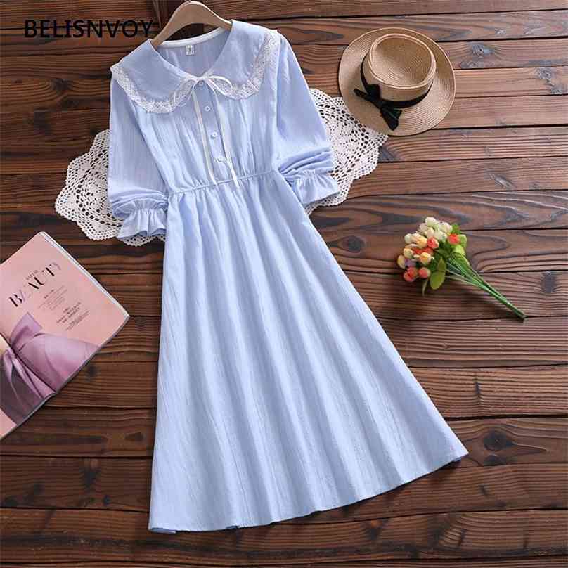 

Mori Girl Elegant Midi Vestidos Autumn Fashion Lace Peter Pan Collar Long Sleeve Women Dress High Quality Cotton Solid 210520, Green
