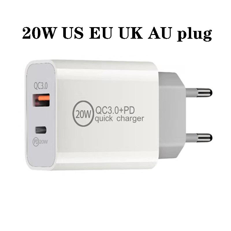 

20W Chargers USB Quick Type C PD Fast Charging QC 3.0 Wall Charge EU US Plugs Adapter for iPhone 12 Pro Max USB-C Home Power Adapters 18W fast Cables