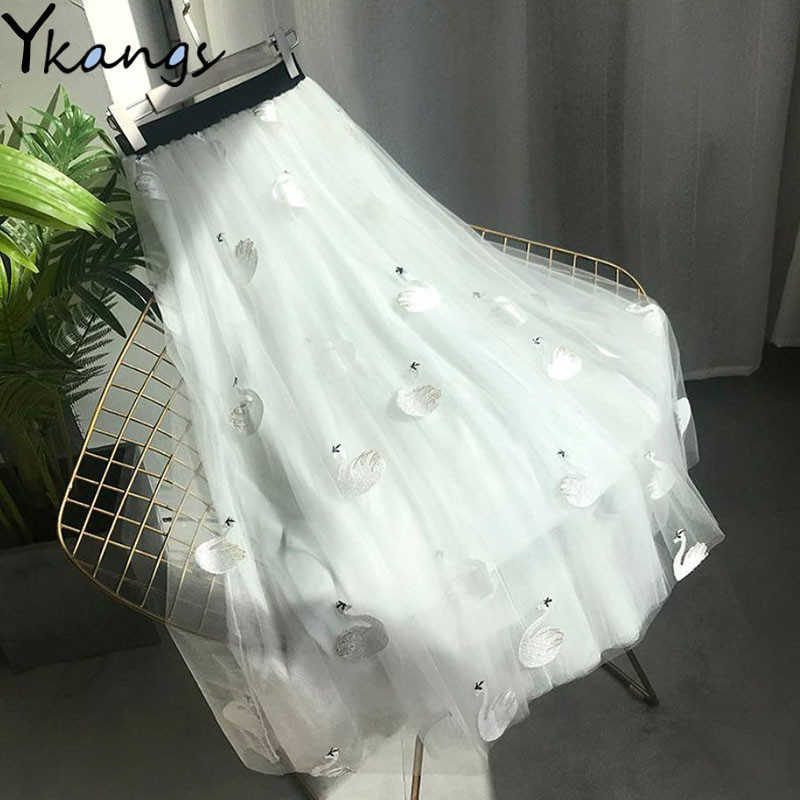 

Elegant Feathers Swan embroidery Midi Skirt Women Summer Boho Tulle Skirt High Waist Ladies A-Line Casual Mesh Long Skirts 210619, Feathers pink